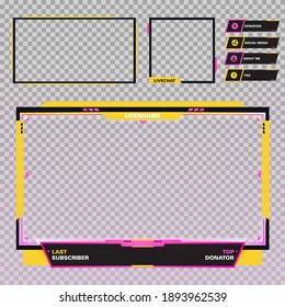 La temática moderna del panel de pantalla. La plantilla de diseño del conjunto de marcos superpuestos para la transmisión de juegos. Diseño vectorial futurista amarillo y rosa.