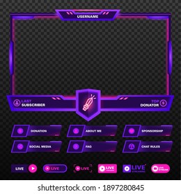 The modern theme for twitch screen panel . The overlay frame set design template for games streaming. Vector violet and pink futuristic design.