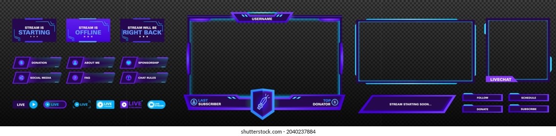 The modern theme for twitch screen panel . The overlay png frame set design template for games streaming. Vector violet and pink futuristic design
