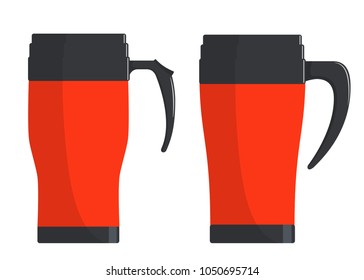 Modern Thermo cups, travel mug, thermoses isolated on white background. Vector illustration in flat style