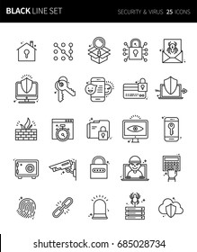 Modern thin black line icons set of security & virus. Premium quality outline symbol set. Simple linear pictogram pack. Editable line series