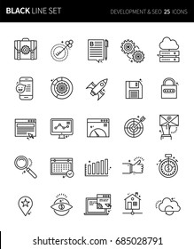 Modern thin black line icons set of development & seo. Premium quality outline symbol set. Simple linear pictogram pack. Editable line series