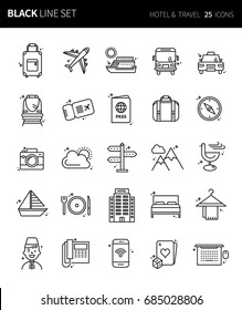 Modern thin black line icons set of  hotel & travel. Premium quality outline symbol set. Simple linear pictogram pack. Editable line series