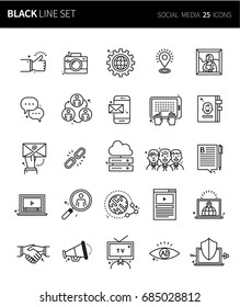 Modern thin black line icons set of social  media. Premium quality outline symbol set. Simple linear pictogram pack. Editable line series
