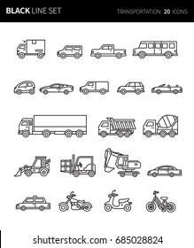 Modern thin black line icons set of transportation. Premium quality outline symbol set. Simple linear pictogram pack. Editable line series