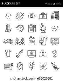 Modern thin black line icons set of medical. Premium quality outline symbol set. Simple linear pictogram pack. Editable line series