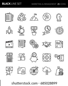 Modern thin black line icons set of marketing & management. Premium quality outline symbol set. Simple linear pictogram pack. Editable line series