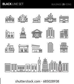 Modern thin black line icons set of buildings. Premium quality outline symbol set. Simple linear pictogram pack. Editable line series