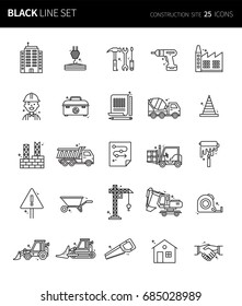 Modern thin black line icons set of construction site. Premium quality outline symbol set. Simple linear pictogram pack. Editable line series