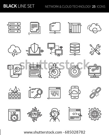 Modern thin black line icons set of network & cloud technology . Premium quality outline symbol set. Simple linear pictogram pack. Editable line series