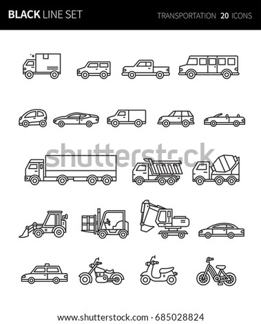 Modern thin black line icons set of transportation. Premium quality outline symbol set. Simple linear pictogram pack. Editable line series
