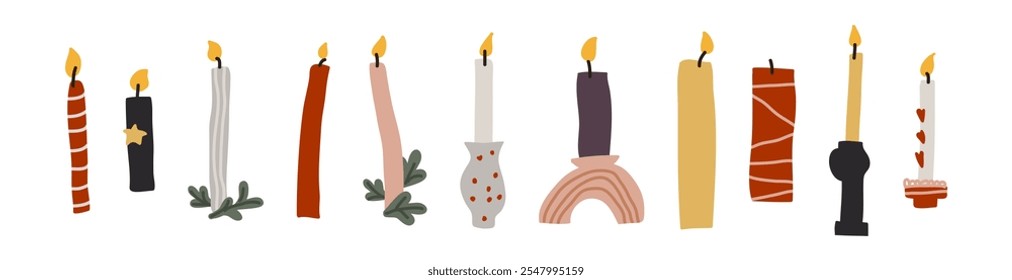 modern thin candles isolated on transparent background. Vector hand drawn flat illustration of tallow candles, childish naive art style.