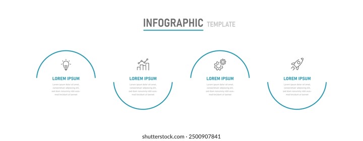 Una infografía lineal circular delgada moderna que consta de cuatro etapas con iconos cambiables. Infografía Plantilla para presentaciones, Sitio web