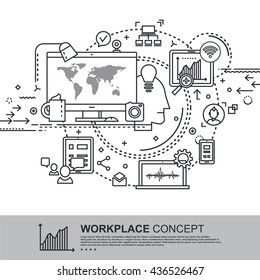 Modern Thin Contour Line Design Concept of Workplace Concept. 
Banner for application development, web and mobile application technologies, 
information and social media.
Vector illustration