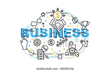 Modern Thin Contour Line Design Concept Banner of word Business. Set of application development, 
web and mobile application technologies, information and social media.
Icons elements. 
Flat design