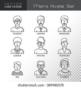 Modern Thin Contour Line Icons set of people avatars. 
Man`s characters staff pictogram. 
Stroke Logo Concept for web and mobile application.
Flat design isolated on transparent background.
Vector