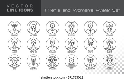 Modern Thin Contour Line Icons set of people avatars. 
Man`s and Women`s characters staff pictogram. 
Stroke Logo Concept for web and mobile application,
isolated on transparent background.
Vector