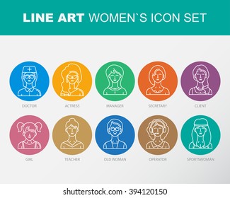 Modern Thin Contour Line Icons set of people avatars. 
Women`s characters staff pictogram. Vector

Stroke Logo Concept for web and mobile application.
Flat design isolated on transparent background.