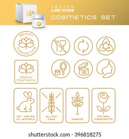 Moderna Línea de Iconos Delgados Conjunto de Empaques Cosméticos Naturales.
Producto orgánico sin gluten, no probado en animales. 
Logotipos de flores de Lotus y Estilo de Identidad para Salón de Belleza. 
 Diseño plano. Vector

