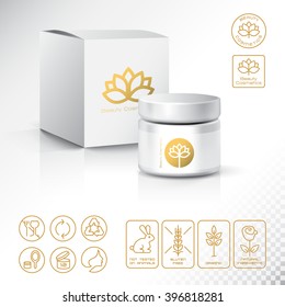 Modern Thin Contour Line Icons Set of Natural Cosmetics Packaging.
Gluten free, organic product, not tested on animals. 
Lotus blossom logos and Identity Style for Beauty Salon. 
Flat design. Vector

