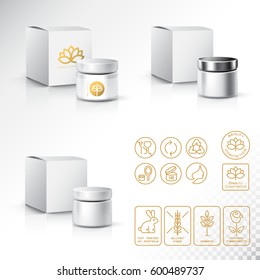 Modern Thin Contour Line Icons Set of Natural Cosmetics Packaging.
Gluten free, organic product, not tested on animals. 
Blank Cosmetic bottle with box isolated on white background.
Vector