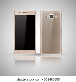 Modern thin gold smartphone layouts with reflection. Vector illustration. Place applications, games, a website on the screen for demonstration.
