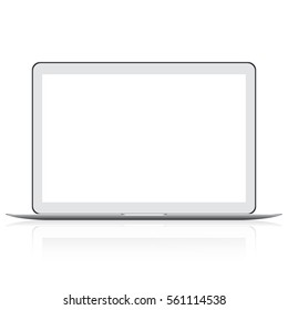 Modern thin laptop isolated on white. Blank screen. Realistic Open Laptop with white Screen.