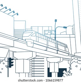 Modern Thin Line City View With Railway Bridge Over White Background