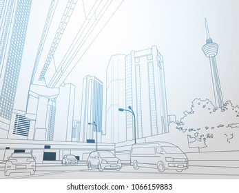 Modern Thin Line Cityscape With Skyscrapers And Road Abstract Design