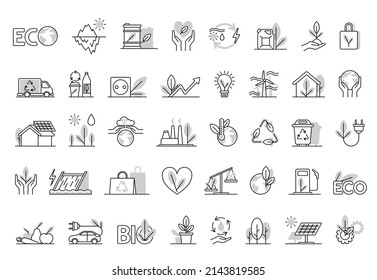 Modern thin line clean green energy icons set, clean energy sources. Premium quality outline symbols collection. Simple mono linear pictogram set. Stroke vector logo concept, web graphic.