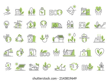 Modern Thin Line Clean Green Energy Icons Set, Clean Energy Sources. Premium Quality Outline Symbols Collection. Simple Mono Linear Pictogram Set. Stroke Vector Logo Concept, Web Graphic.