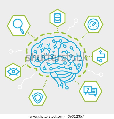 Modern Thin Line Concept of Artificial Intelligence, Communication, Functions and Electronic Mindmap. Simple vector linear flat style infographics