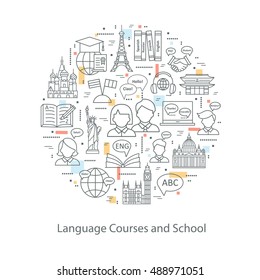 Modern thin line concepts of learning foreign languages, language training school. Logo for trendy designs. Vector icons and elements.