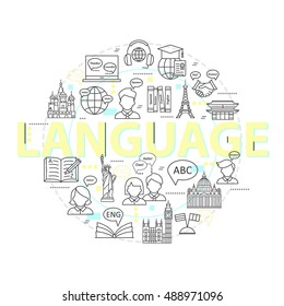 Modern thin line concepts of learning foreign languages, language training school. Logo for trendy designs. Vector icons and elements.
