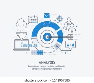 Modern thin line design for analysis website banner. Vector illustration concept for business analysis, market research, product testing, data analysis.