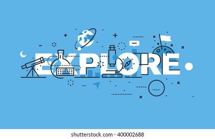 Modern thin line design concept for EXPLORE website banner. Vector illustration concept for science, research and discovery.