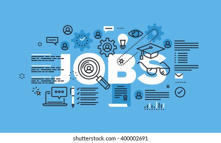 Modern thin line design concept for JOBS website banner. Vector illustration concept for search and apply for jobs, career and employment.