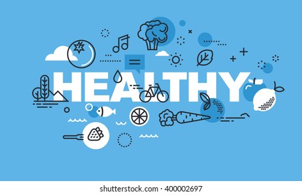 Modern thin line design concept for HEALTHY website banner. Vector illustration concept for healthy lifestyle, active living, healthy food, healthy environment.