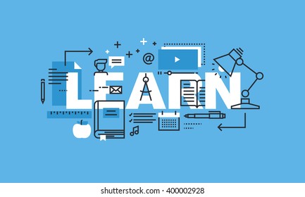 Modern thin line design concept for LEARN website banner. Vector illustration concept for education, online learning, school and university, training and courses.