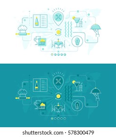 Modern thin line design concept for restaurant and cafe web page. Two vector illustration for restaurant and cafe website and mobile banners.