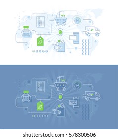 Modern thin line design concept for food and grocery delivery web page. Two vector illustration for food and grocery delivery website and mobile banners