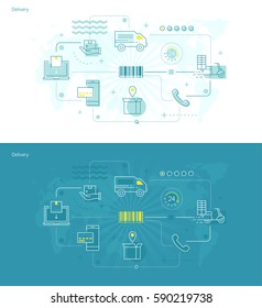 Modern thin line design concept for delivery web page. Two vector illustration for ordered goods online, delivering website and mobile banners