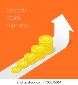 Modern thin line design concept for GROWTH bitcoin website banner. Vector illustration concept for business success, financial results, banking, earnings growth and revenue, stock market. Orange.