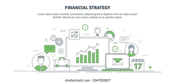 Modern thin line design for financial strategy website banner. Vector illustration concept for business strategy analysis, financial data analysis, financial business, business communication.