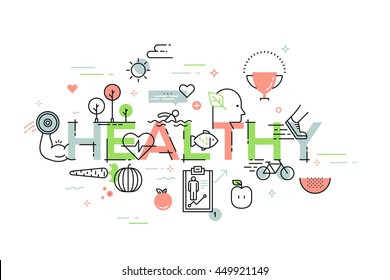 Modern thin line design template for healthy website banner. Vector illustration concept for healthy lifestyle, food, environment and active living. Easy to resize and customise.