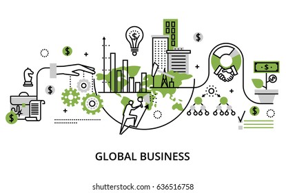 Modern thin line design vector illustration, concept of global business process and finance success in the world, in greenery color, for graphic and web design