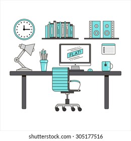 Modern thin line flat design work space. Computer, lamp, books, design tools, calendar, cup, mouse, pens, shelf book in office interior 