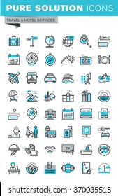 Modern thin line flat design icons set of travel and tourism sign and object, holiday trip planning, hotel services, accommodation. Outline icon collection for web graphic.