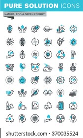 Modern thin line flat design icons set of ecology, nature, recycling, waste management, green energy and technology. Outline icon collection for web graphic.