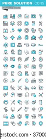 Modern Thin Line Flat Design Icons Set Of Medical Supplies, Healthcare Diagnosis And Treatment, Laboratory Tests, Dental Services, Equipment And Products. Outline Icon Collection For Web Graphic.